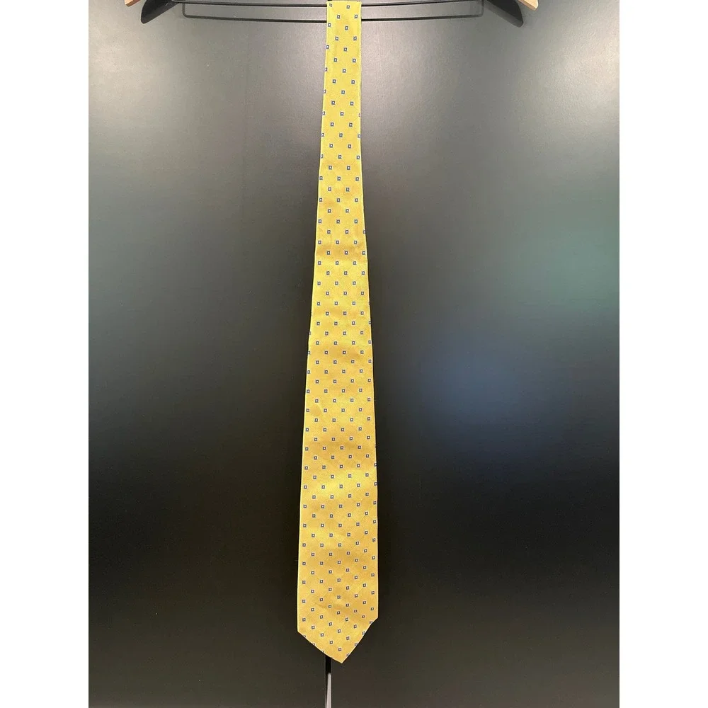 Brooks Brothers 346 Mens Silk Tie Yellow Blue Geometric Square Stain Resistant